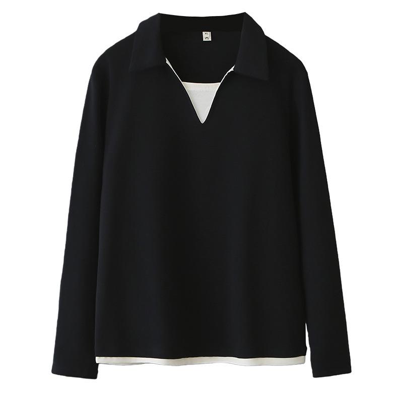 2026 Spring Plus Size Women's Long Sleeve Color Block 2-in-1 Cotton T-Shirt Slimming Top