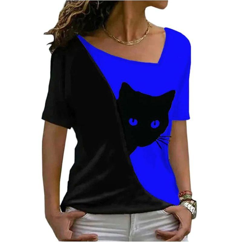 Diagonal Collar Black Cat Printed T-shirt Diagonal Collar Black Cat Print T-shirt