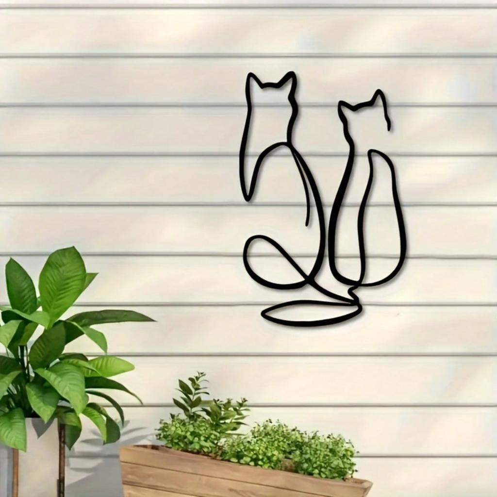 Simple Lines Art Metal Wall Decor Geometric Animal Cat Love Theme Mural