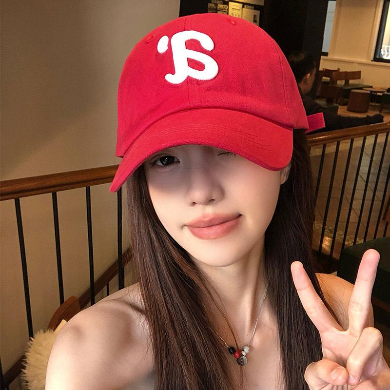 Letter Red Baseball Cap Female Simple Versatile Big Face Showing Face Small Peaked Cap Shading White Hat