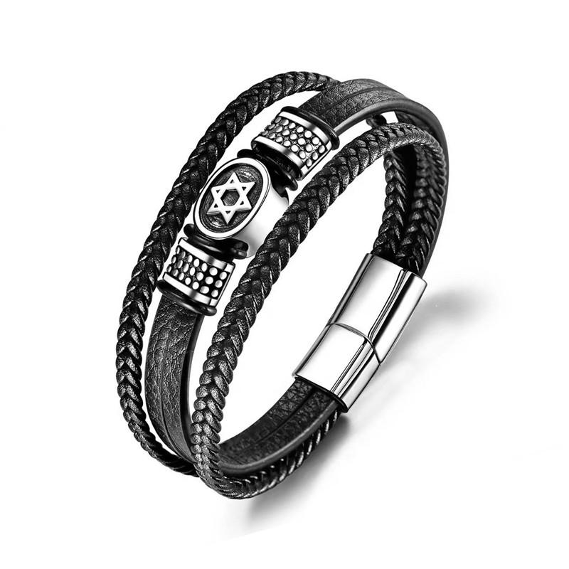 Vintage Norse Hexagram Star of David Bracelet For Men Stainless Steel Punk Jewelry Leather Amulet