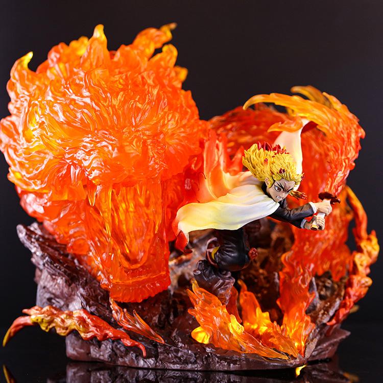 Flame Pillar Kyojuro Double Head Glowing Anime Figure Sculpture from Demon Slayer