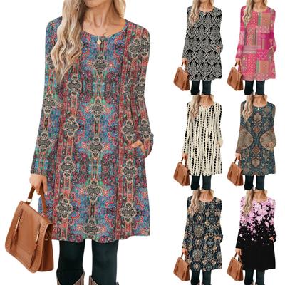 Women's Casual Fashion Long Sleeve Graphic Printed Vintage Dresses With Pockets
