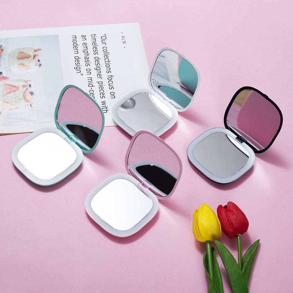 Illuminated LED Folding Makeup Mirror - Portable, Handheld, Square Design for Girls' Dormitory.