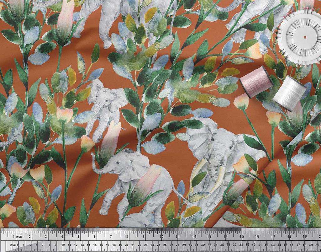 Soimoi Japan Crepe Satin Fabric Leaves,Floral & Elephant Animal Printed Craft Fabric by the metre 42 Inch