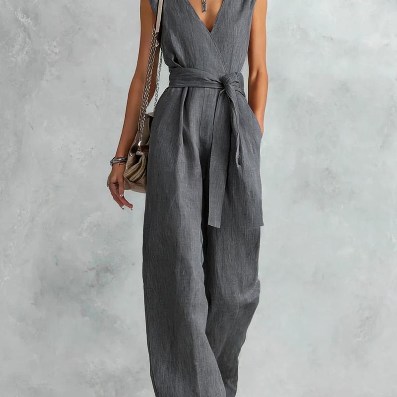 Spring and Summer European Style Women Clothing V-Neck Sleeveless Jumpsuit