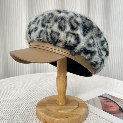 Nouveaux Hivers Mode Fourrure Imprimé Léopard Patchwork Bord Cuir Chapeaux Octogonaux pour Femmes et Visage et Petit Tempérament Chapeaux de Gavroche Mohair