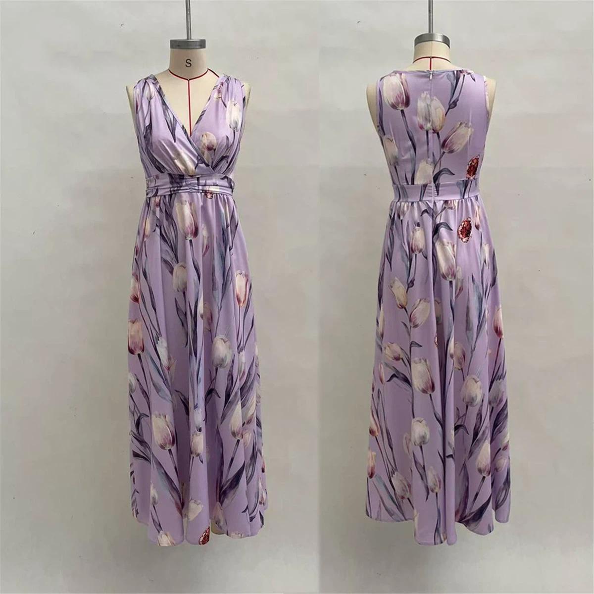 Robe Longue Maxi Florale Sans Manches Col en V Profond pour Femme Ceinture à la Taille Mousseline Fluide Robe Longue d'Été Robe de Fête de Plage Vacances XXL violet clair