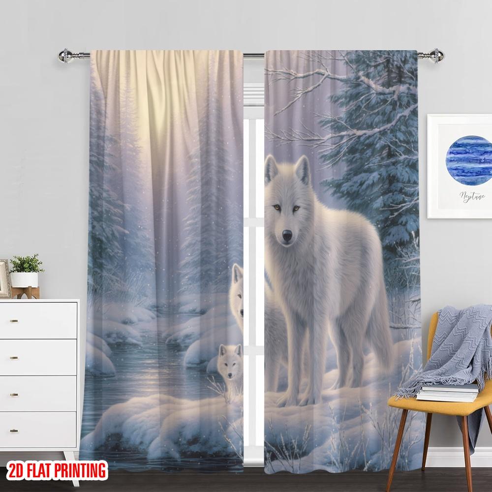 Set Of 2 Flat Printing Curtains Winter Wolf Pack Snow Digital Printed Polyester Drapes Festive Portraits Curtain