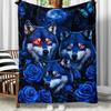 Blue Wolves with Red Eyes Moon Roses Blanket Soft Flannel Throw Home Decor Art Print Wildlife Animal Bedding Gift for Wolf Fans