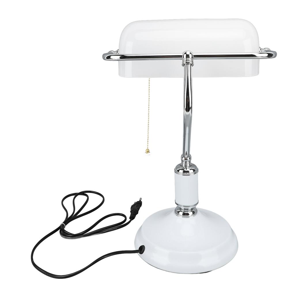 Bankers Table Lamp White Glass Vintage Style Desk Lamp with Retro Pull Chain Switch Reading Table