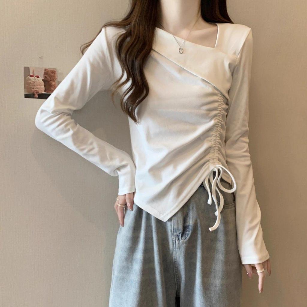 Women's Plus Size Irregular Drawstring Long Sleeve T-Shirt - Slimming Autumn 2025 Base Layer Design