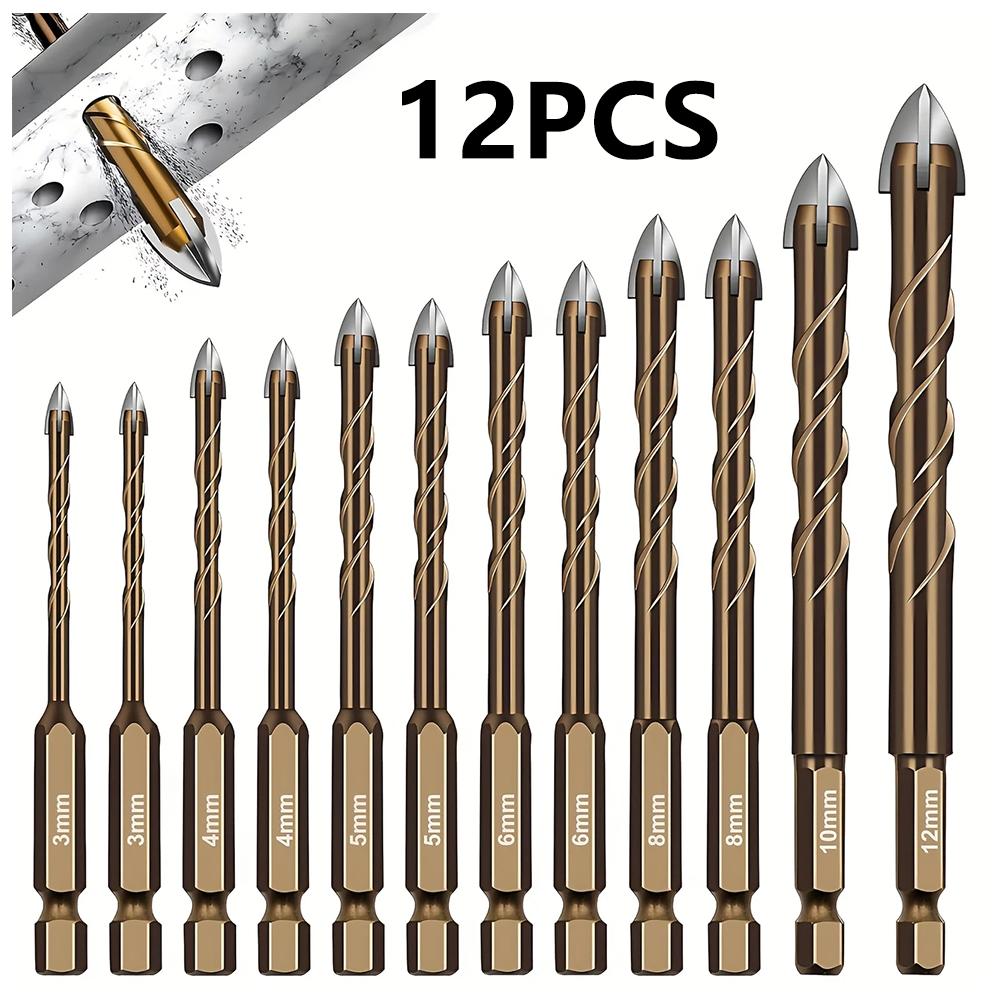 

12 шт. крестообразные шестигранные сверла по плитке, сплав, сверло, стекло, керамика, дерево, бетон, коронка для металла, дерева, диаметры от 3 мм до 12 мм золотой