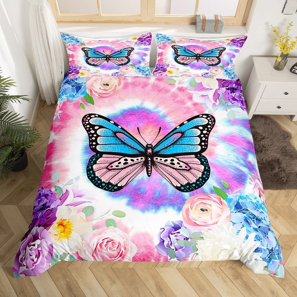 Butterfly and Flower Duvet Cover Girls Dream Animals Floral Comforter Cover Microfiber Romantic Theme Garden Flowers Bedding Set