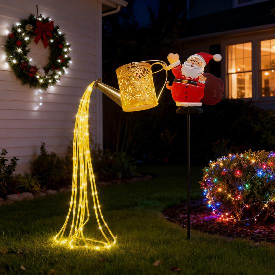 Solar Lights Outdoor Santa Watering Can Kettle Lights LED Fairy Lights Waterproof Metal Garden Lantern for Yard Patio Lawn Pathway