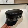 British Style Personalized Chain PU Leather Navy Hat Spring and Autumn New Versatile Black Cap Fashion Hat Tide