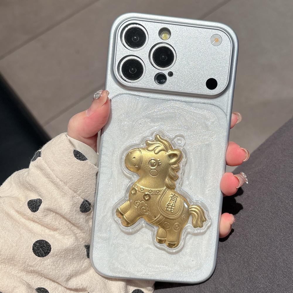 

Cute 3D Gold Foil Cartoon Little Horse Money Come Phone Case for iPhone 17 16 15 14 13 Pro Max Back Shockproof Phone Cover Funda білий