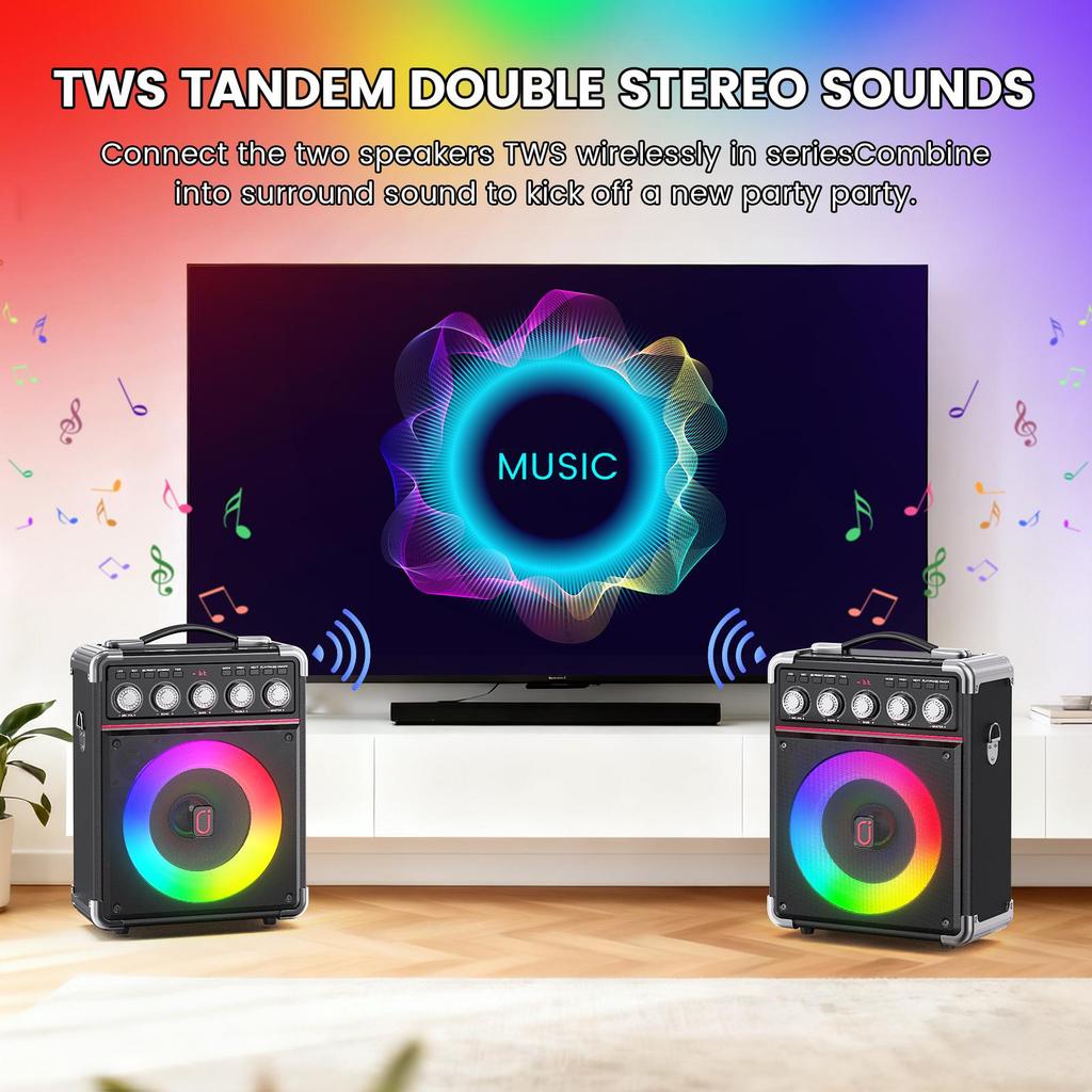Karaoke-Maschine mit 2 Mikrofonen: HWWR Tragbare Karaoke-Maschine für Erwachsene Kinder, Party-Bluetooth-Lautsprecher mit Bass-/Höhenregelung
