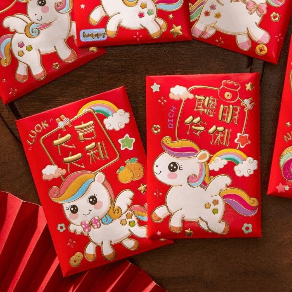 6pcs Chinese 2026 Horse Year Red Envelope Traditional Cartoon Red Packet Blessing Year Of Horse Money Envelope