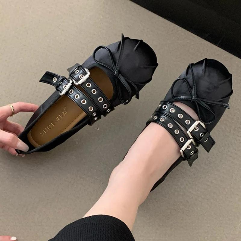 

Fashion Sweet Bow Design Brand Ballet Flats Women High Quality Satin Round Toe Buckle Mary Jane Shoes Fashion Comfort Soft Bottom Sandal 35 чёрный