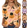 Women's Casual Halloween Print V-Neck Short Sleeve T-Shirt with Decorative Buttons