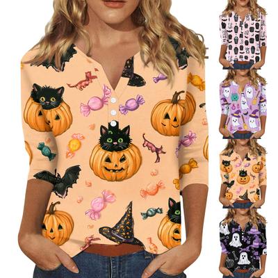 Women's Casual Halloween Print V-Neck Short Sleeve T-Shirt with Decorative Buttons