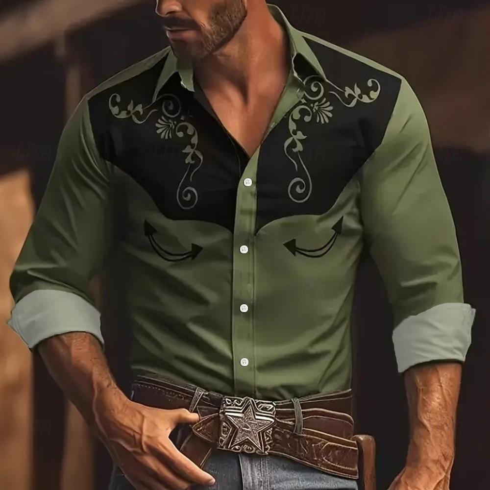 Camicia da Uomo con Stampa Floreale Lavorazione Etnica Camicia Western Camicia da Cowboy Manica Lunga Vintage Retrò Vacanza all'Aperto
