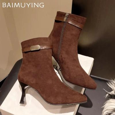 Dámské kotníkové boty na vysokém podpatku, semišové, špičatá špička, elegantní boty, dámské, trend 2025, Chelsea boty, lodičky, móda, zima, Botas Mujer