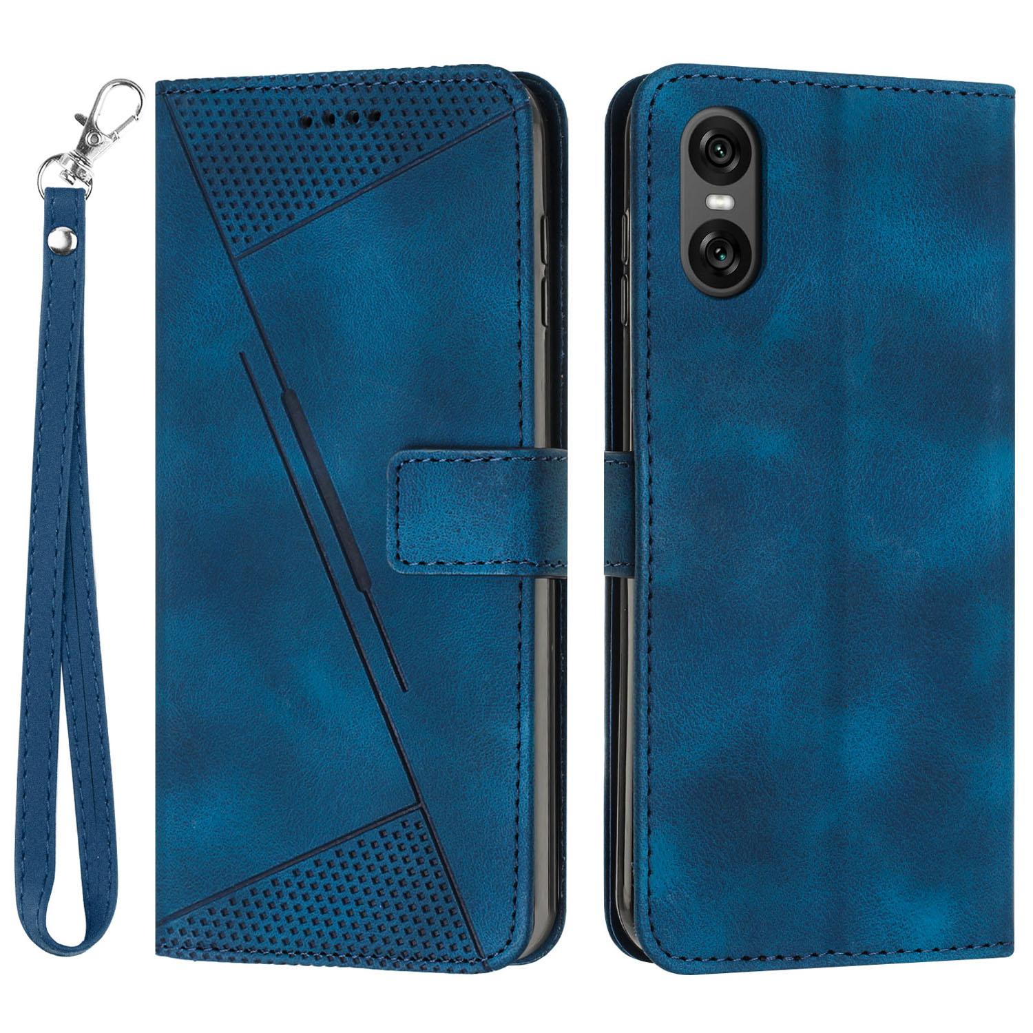 

For Sony Xperia 10 VI Case with Hand Strap Triangle Imprinted Wallet Phone Leather Cover Sapphire