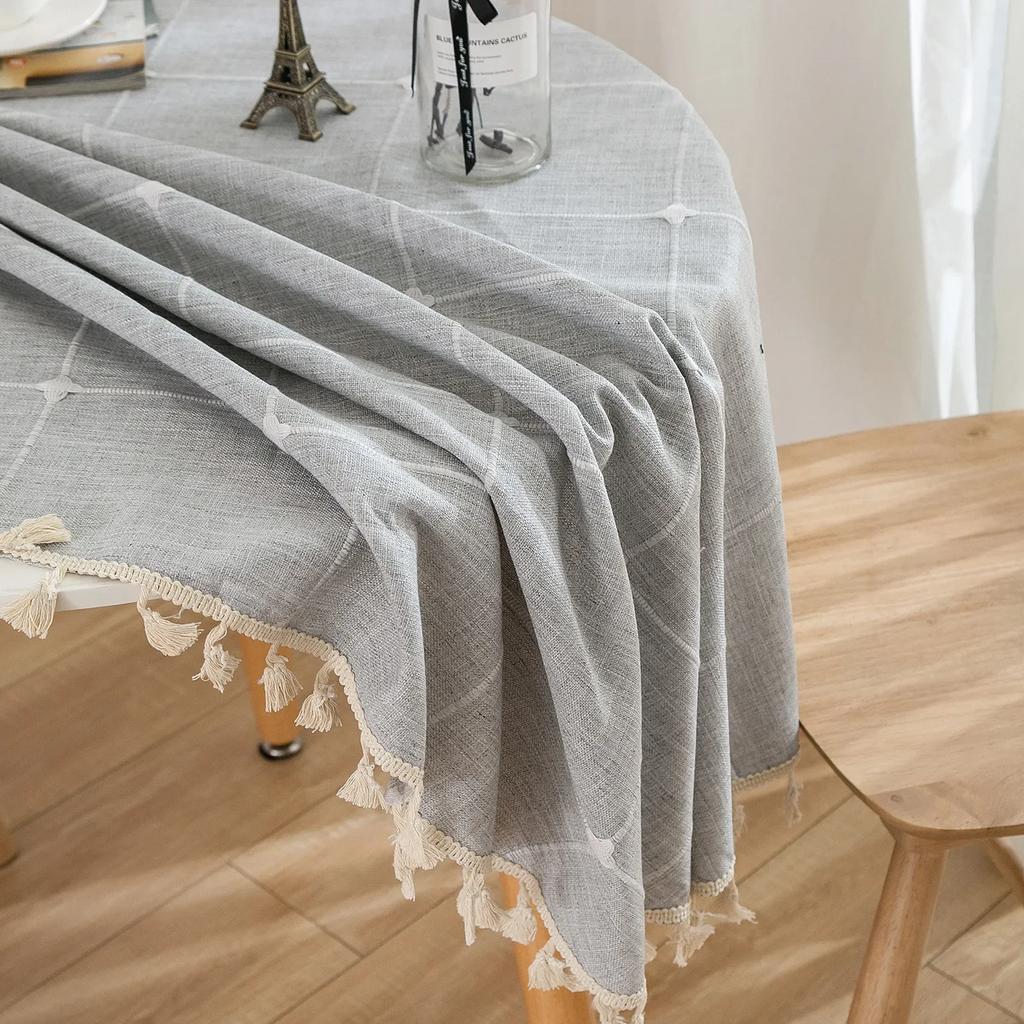 Solid Embroidery Lattice Tablecloth Cotton Linen Dust-Proof Checkered Table Cover For Kitchen Dinning Tabletop Decoration