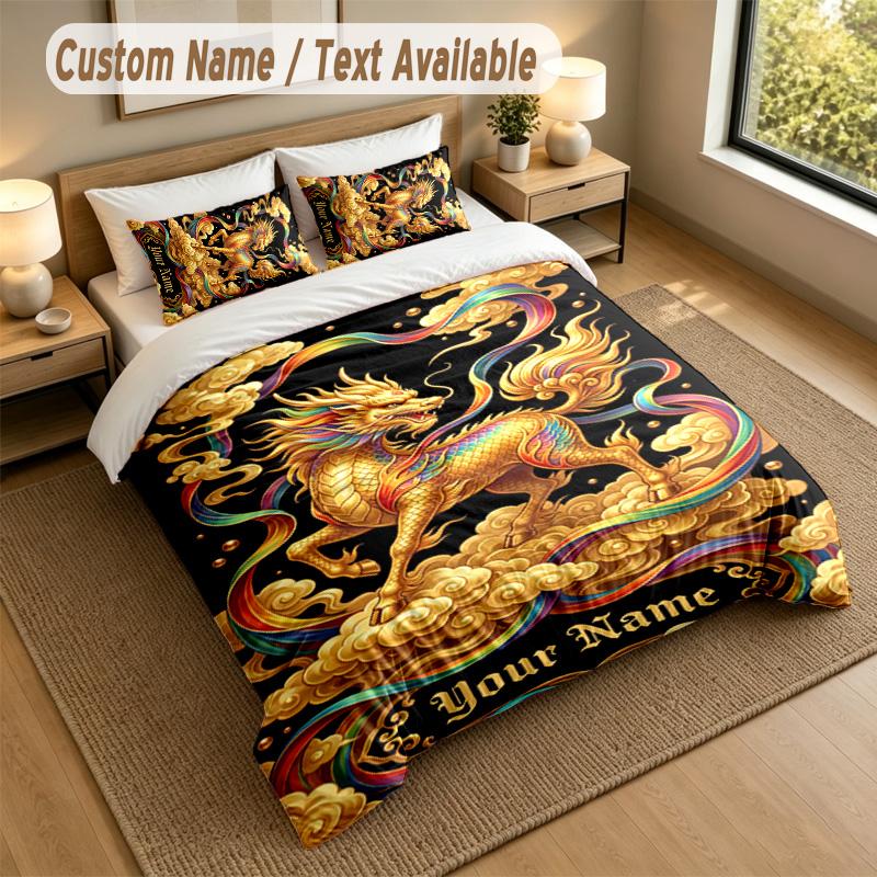 Dragon Phoenix Theme Personalized 3Pcs Bedding Set Custom Text & Name 1 Sheet 2 Pillowcases Household Bedding 1pc