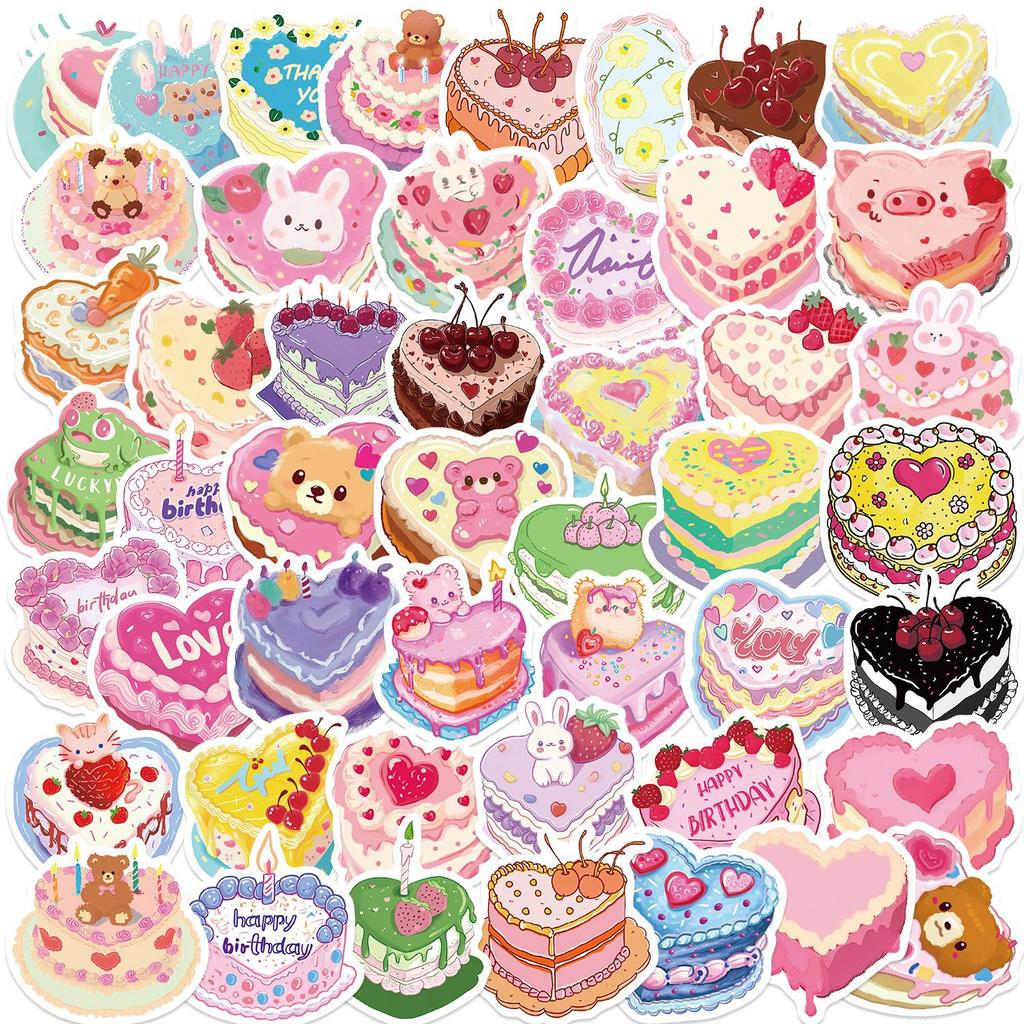 50 Cartoon Heart-shaped Cake Stickers Decorate Laptop Suitcase DIY Waterproof Stickers