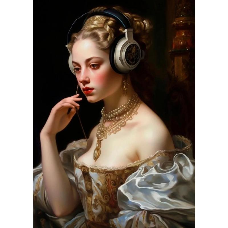 Neo Renaissance Funny Portrait Poster Girl Wearing Headphones Art  Retro Canvas Painting Prints Wall Bedroom Home Decoration