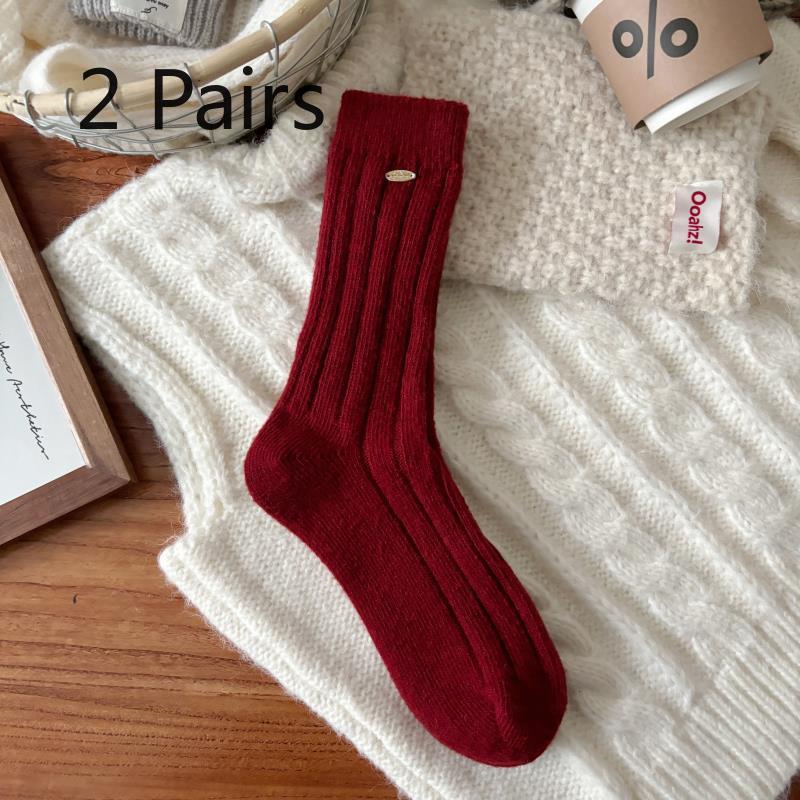 2 Pairs Golden Knot New Year Red Socks - Thick and Warm Wool Stockings for Autumn/Winter, Lucky Red Mid-Calf Socks