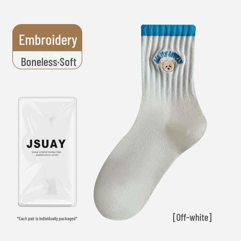 Women's Mid-Calf Cotton Socks - Embroidered Little Bear, Autumn & Winter, Breathable & Skin-Friendly Casual Socks