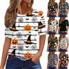 Women's Casual Short Sleeve Pullover Top Halloween Pumpkin Ghost Bat Print Round Neck Loose Fit Shirt for Autumn