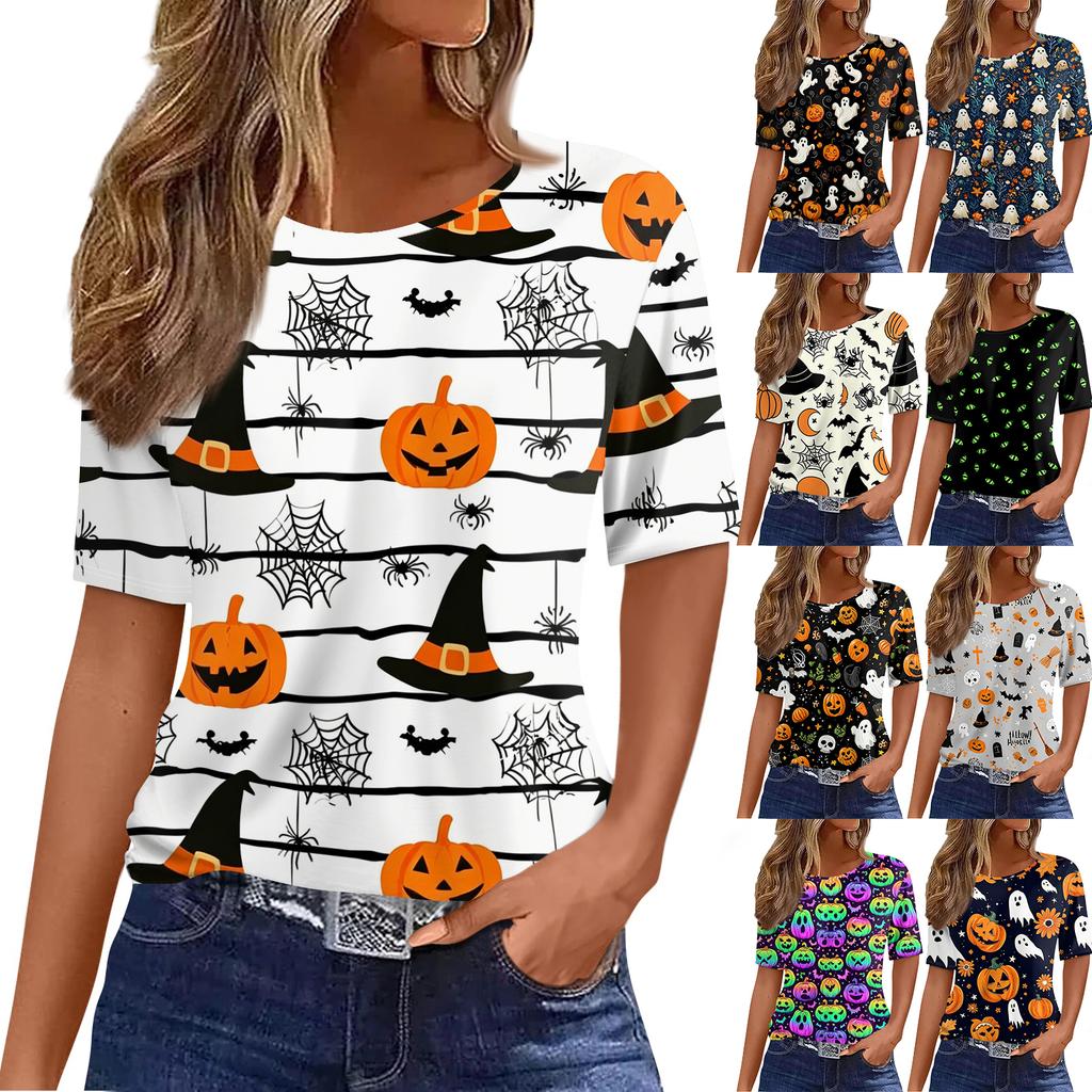 Women's Casual Short Sleeve Pullover Top Halloween Pumpkin Ghost Bat Print Round Neck Loose Fit Shirt for Autumn