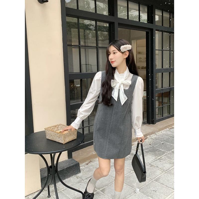 Gray Square Neck Layered Suspender Dress for Women - Autumn/Winter 2023 Collection
