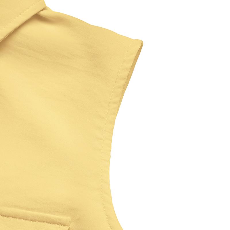 2025 Summer Yellow Sleeveless Waist-Cinching Open-Front Shirt with Collar (European/American Style)