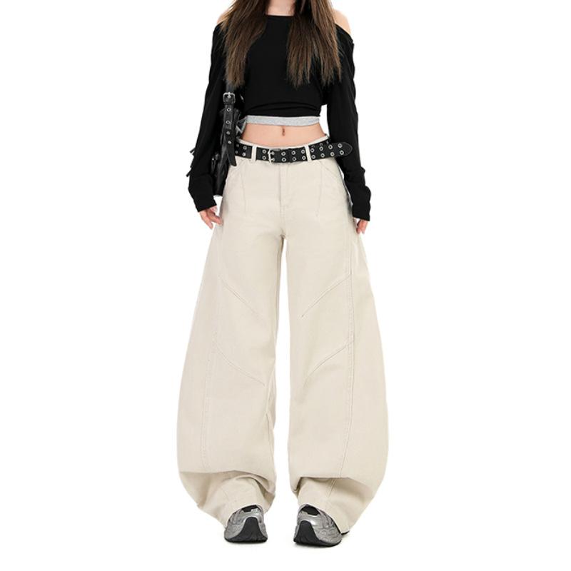 Elegant Vintage Apricot High Street Cargo Comfy Loose Saber Cut Floor Sweeping Denim Pants For Women Early Spring Casual Pants Oversize Denim Trousers
