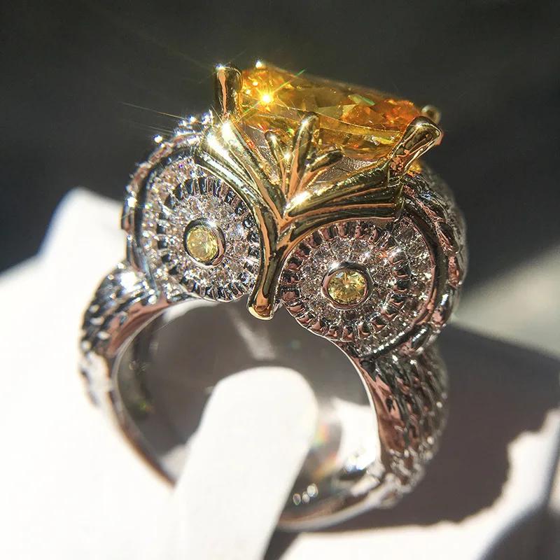 Newest Design Owl Sterling Silver Animal Champagne CZ Cute Owl Finger Ring For Woman Wedding Engagement 6