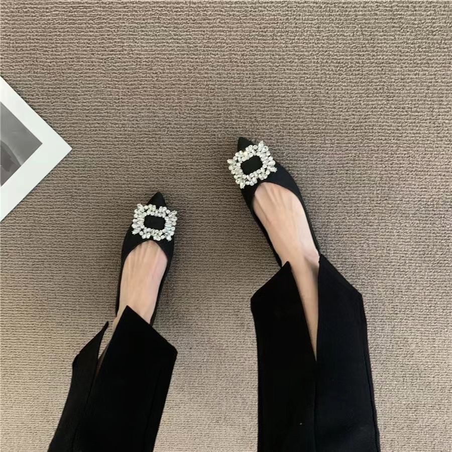 Flat bottom shallow mouth rhinestone ladyshoes fairy gentle skirt evening wind pointed soft sole comfortable single shoes female 2025 new