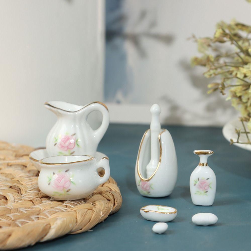 Rose Floral Dollhouse Bathroom Porcelain Micro Scene Miniature Furniture Porcelain  Girls Gift