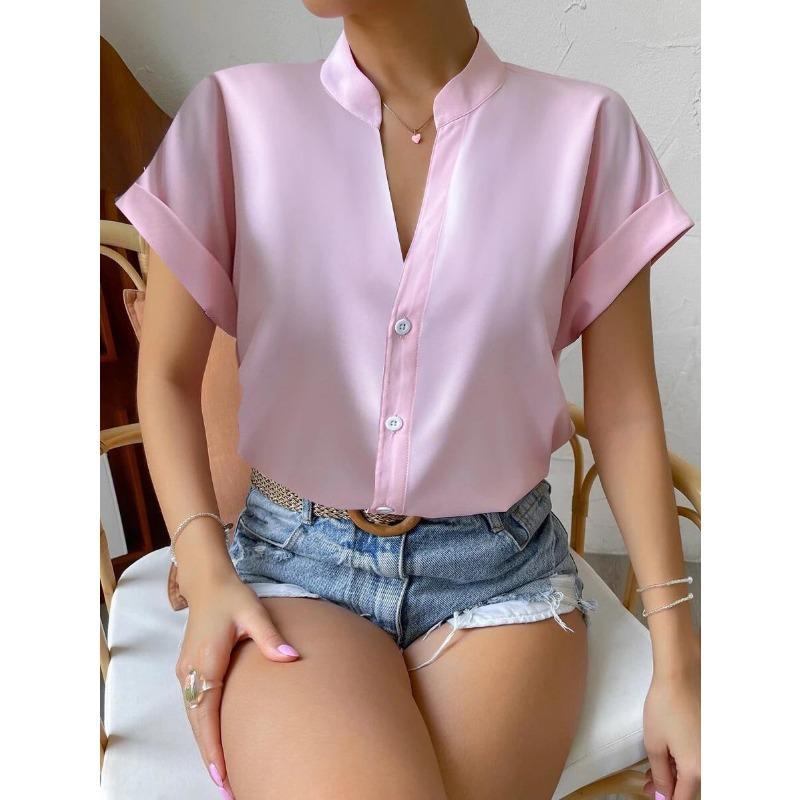 Women Solid Folds PU Leather Button Turn Down Collar Bodycon Working Black Blouse Tops