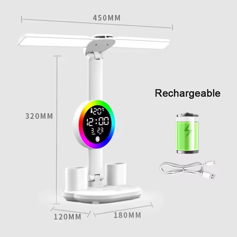 Rechargeable LED desk lamp for study desk lamp, reading lamp, LED night light with fan, LED clock display reading desk lamp