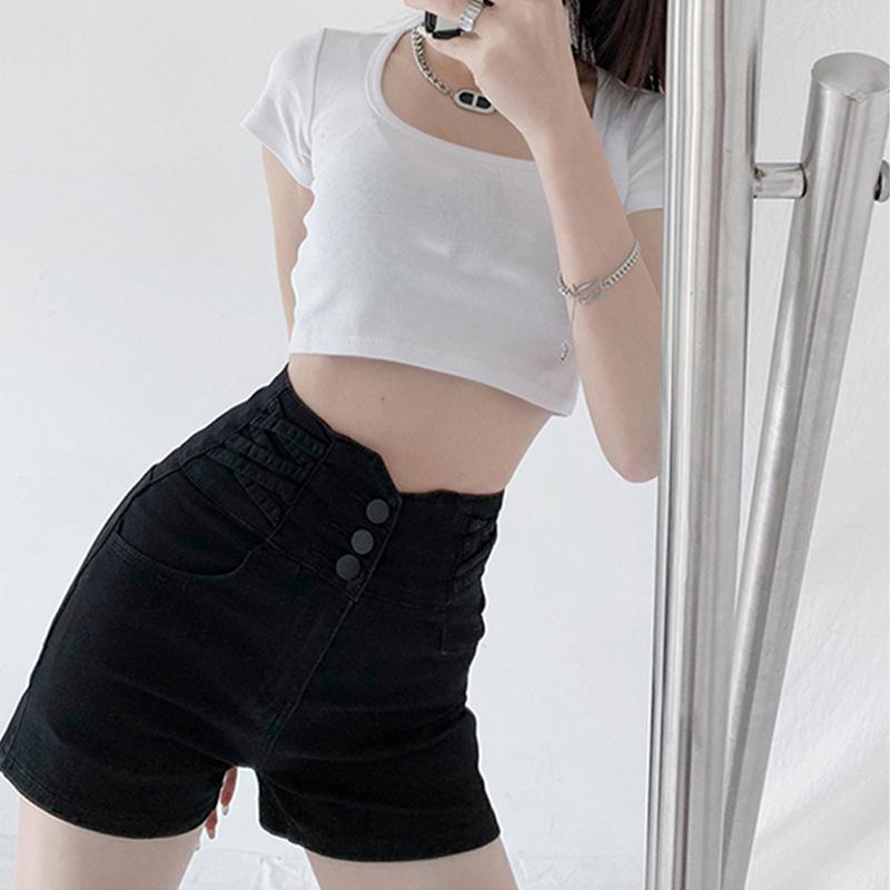 Women's Super High Waist Black Denim Shorts - Tummy Control, Elastic, A-Line, Wide Leg, Buttoned, Summer Wear