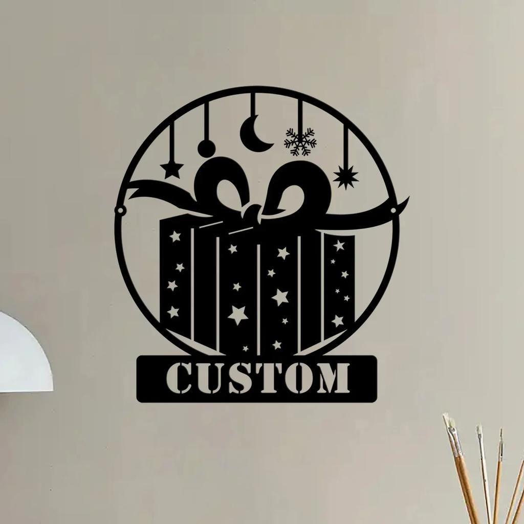 Merry Christmas Metal Wall Art, Personalized Family Name Sign for Home Decor, Xmas Gift Box
