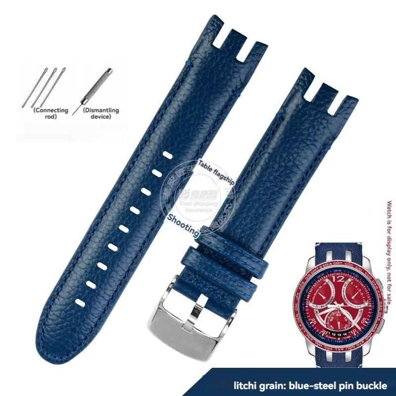 Pulsera de Interfaz Curva Dedicada de 21 mm para Reloj Swatch Correa de Cuero de Vaca para Hombre YRS403 YRS412 YRS402g Correa de Piel de Ternero con Herramientas