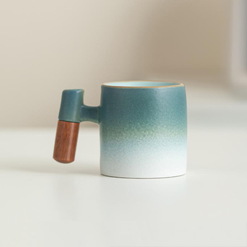 70 small capacity ceramic gradient wood handle latte coffee cup, coarse ceramic Japanese kiln made mug tea cup
