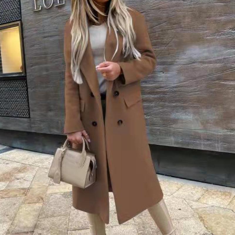 Women's Autumn and Winter Long-sleeved Suit Collar Double-breasted Nylon Jacket Coat